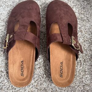 Soda Brown Suede Buckle Mule Slides